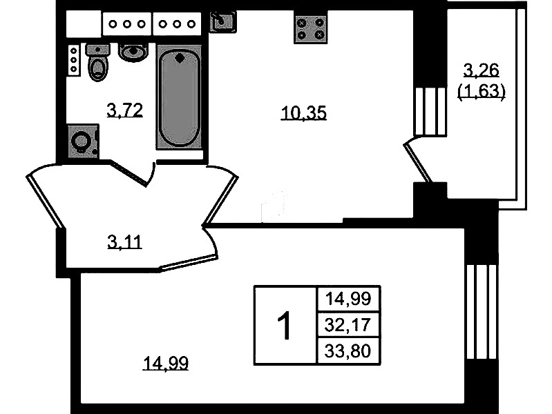 1-комнатная квартира 33.8 м², 7/11 эт., ЖК «Новое Колпино»